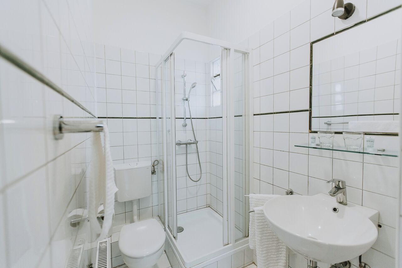 A modern bathroom with a glass-enclosed shower, a white sink, and a toilet.