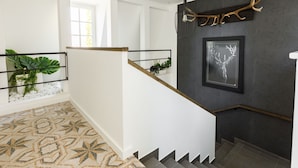 A modern staircase with a geometric patterned floor, a dark wall with a framed deer antler, and a hanging pendant light. - Beautiful apartment in villa for 12 people with WIFI, hot tub, A/C, TV and patio (Balatonfüred)