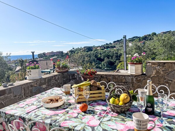A terrace with a table set for a meal, potted plants, and a scenic view of a coastal town.