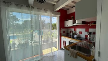Coffee/tea maker, fridge, microwave, oven