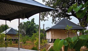 A series of outdoor shelters with a sloped roof, surrounded by greenery and trees. -  Bundeli Camps and Resorts, Panna (Panna)