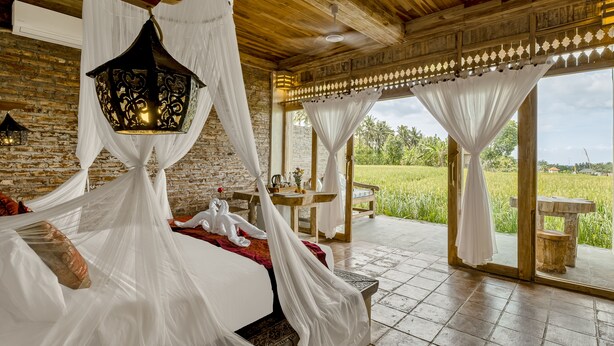 A room with a bed, white canopy, and a view of a field.
