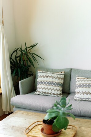 Un salon avec un canapé gris, des coussins à motifs, une plante en pot posée sur une table en bois et une grande plante verte à côté du canapé.