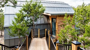Eine moderne Hütte mit Holzfassade, Metalldach und einer Holzterrasse, die zum Eingang führt.