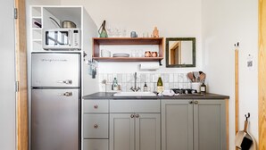 Una cocina compacta con refrigerador empotrado, microondas y pileta. Hay una repisa de madera sobre la pileta con platos y vasos.