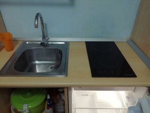 Fridge, stovetop, cookware/dishes/utensils