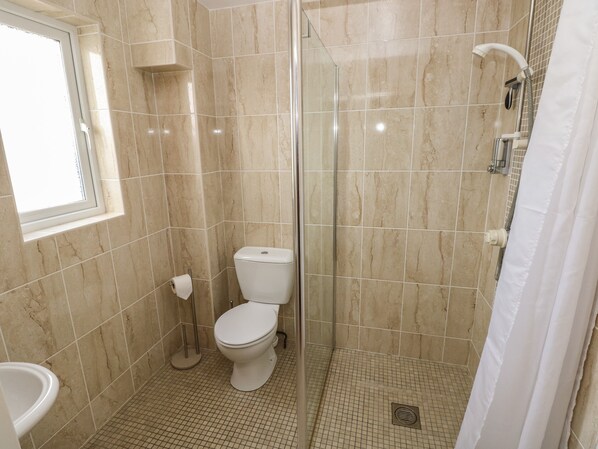 A bathroom with a toilet, a shower, and a window. - The Annexe, Meadow Croft (Haverfordwest)