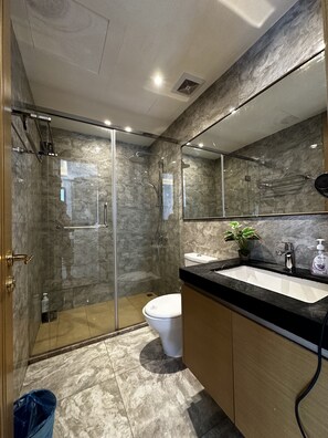 Hair dryer, towels, soap, toilet paper
