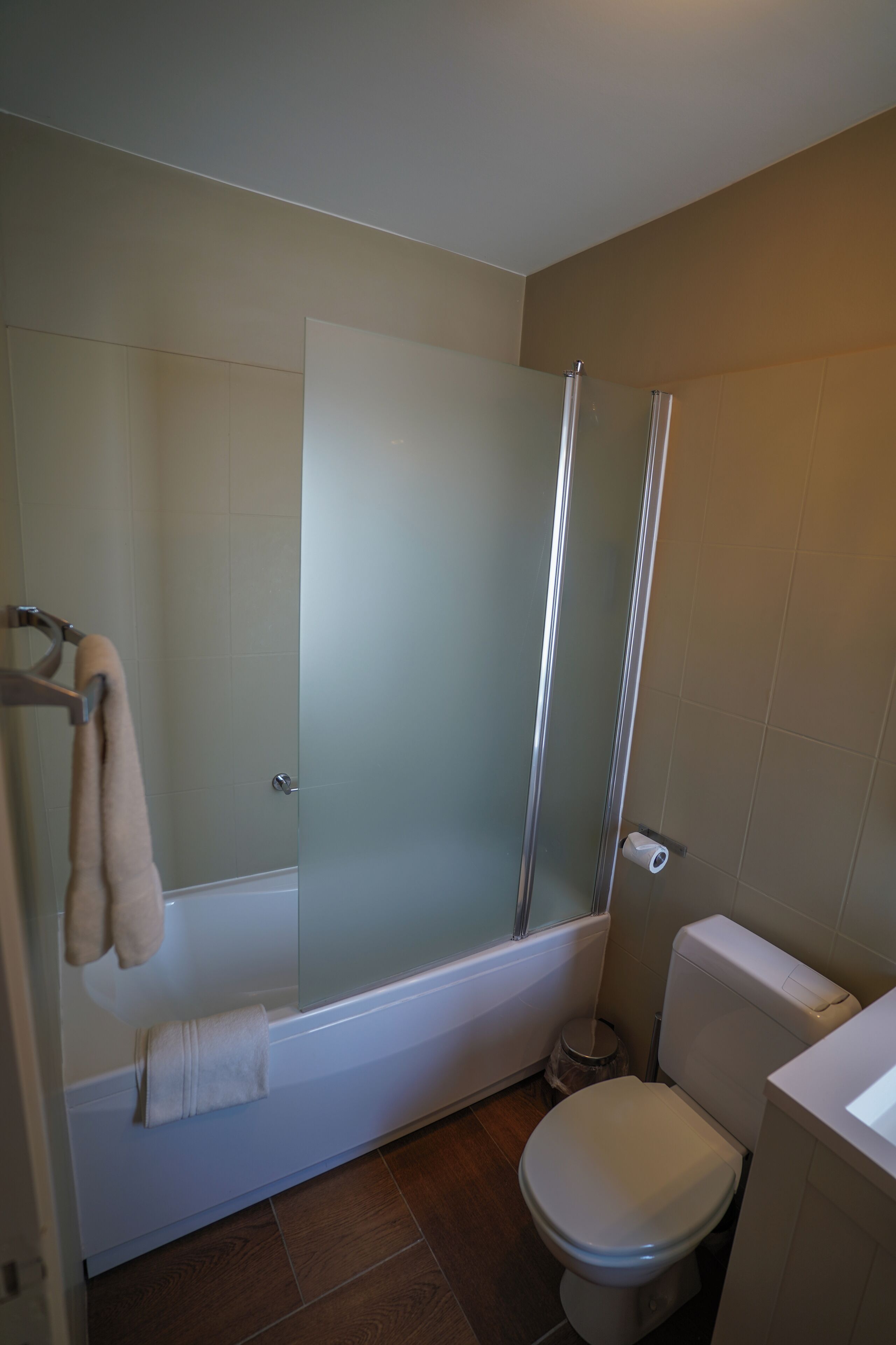 A bathroom with a glass-enclosed shower, a toilet, and a towel rack.