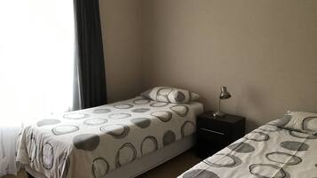 A bedroom with two beds, a nightstand, a lamp, and a window with curtains.