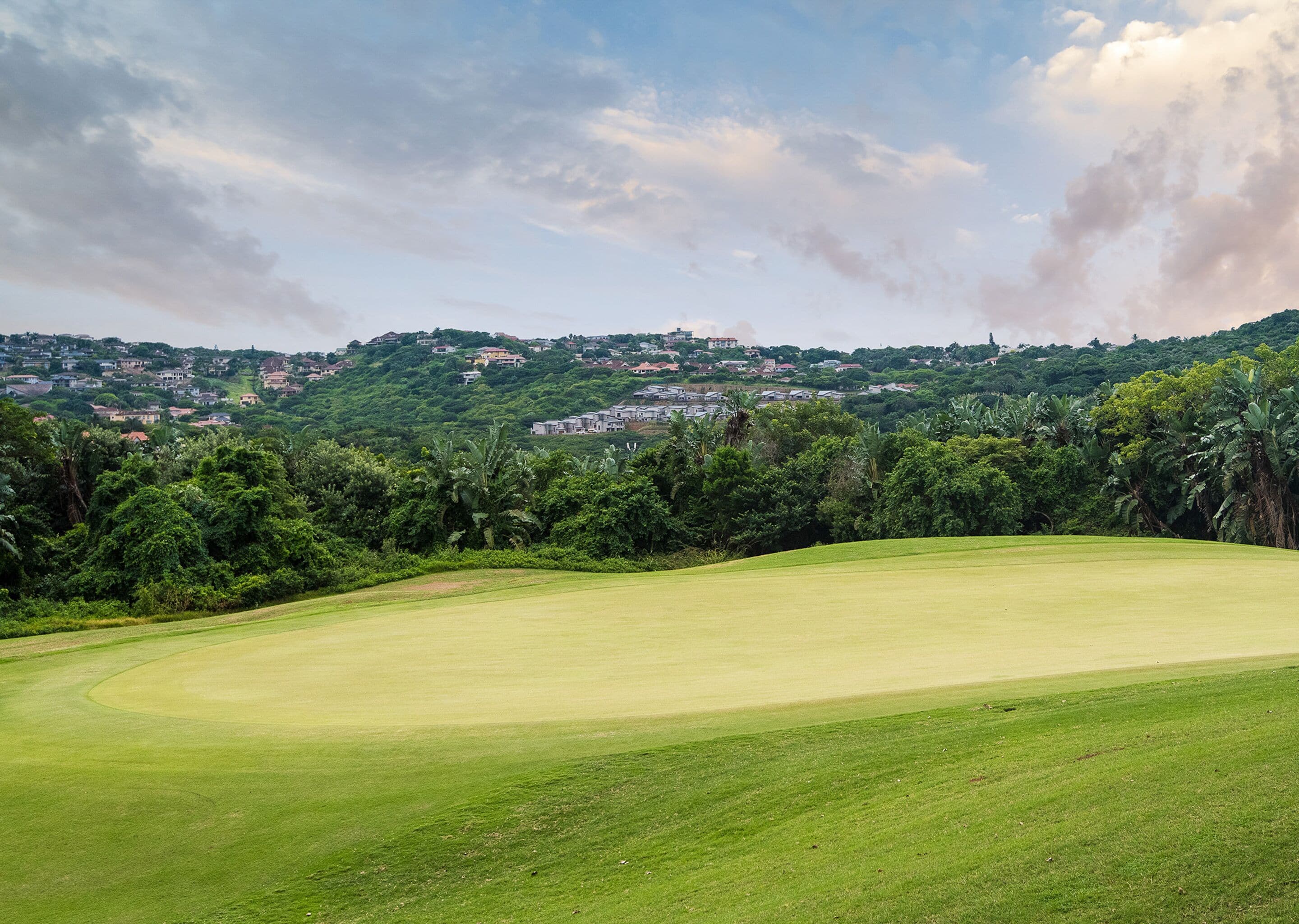A golf course with a well-maintained green, surrounded by lush tropical vegetation and a backdrop of a residential area with houses on a hill.