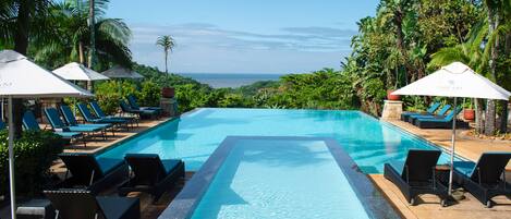 A pool with lounge chairs and umbrellas, surrounded by palm trees and a view of the ocean.