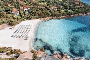 An aerial view of a coastal area with a beach, clear turquoise waters, and a cluster of houses surrounded by greenery.