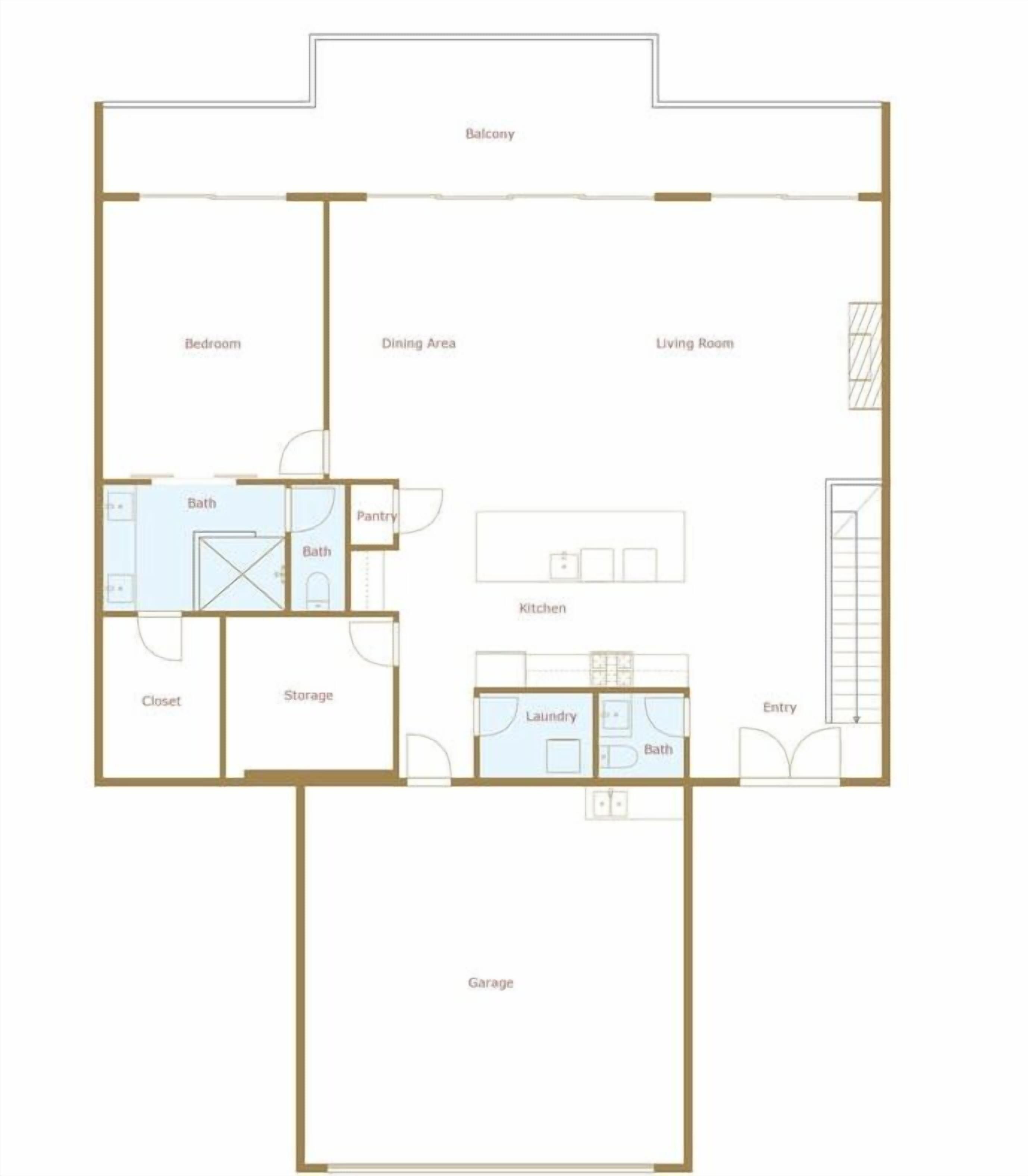 Plano de planta que muestra un dormitorio, comedor, sala de estar, balcón, baño, despensa, armario, almacenamiento, cocina, lavandería, entrada y garaje.