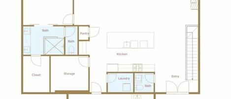 Plano de planta que muestra un dormitorio, comedor, sala de estar, balcón, baño, despensa, armario, almacenamiento, cocina, lavandería, entrada y garaje.