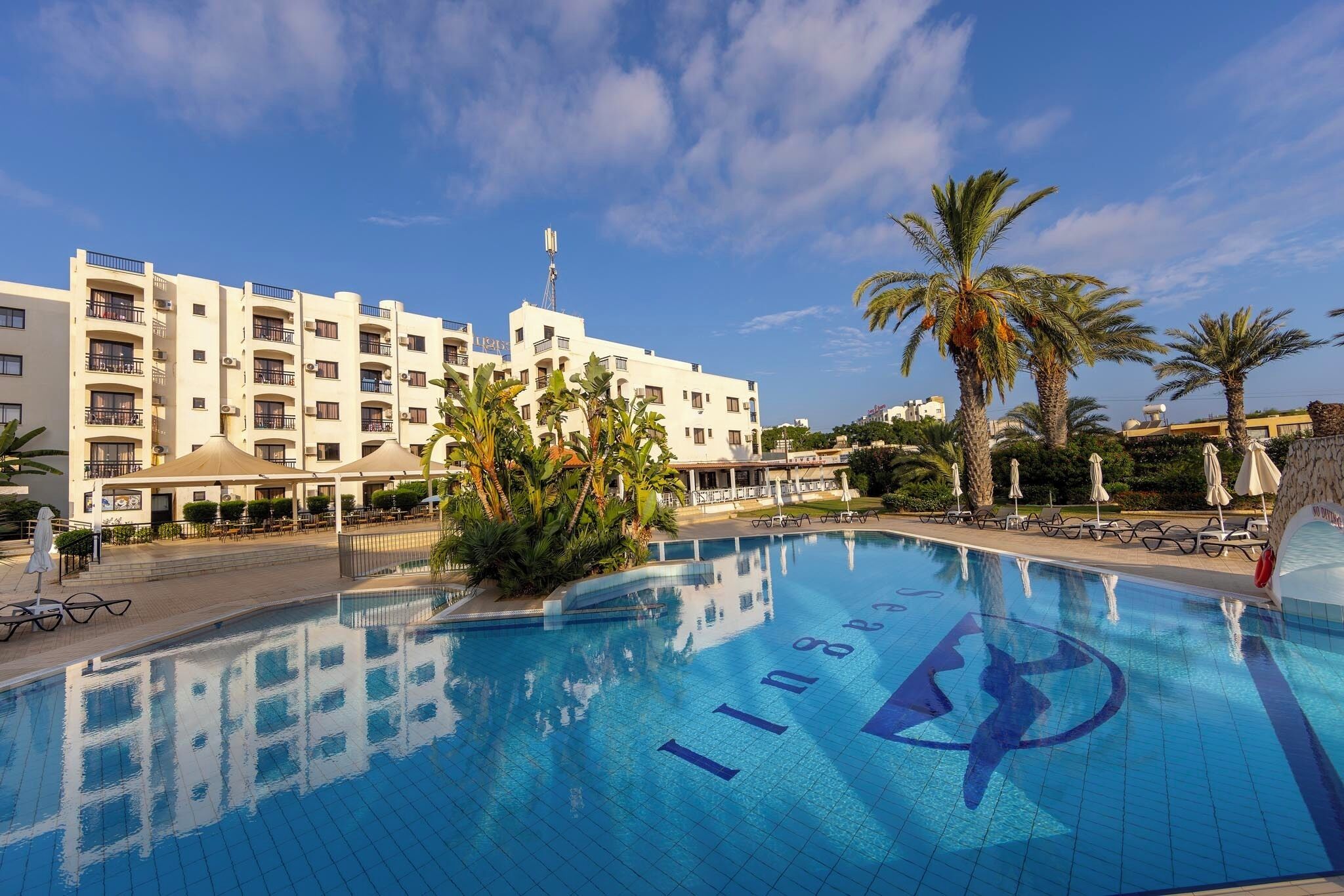A swimming pool with a clear blue water surface, surrounded by palm trees and a white building with balconies.