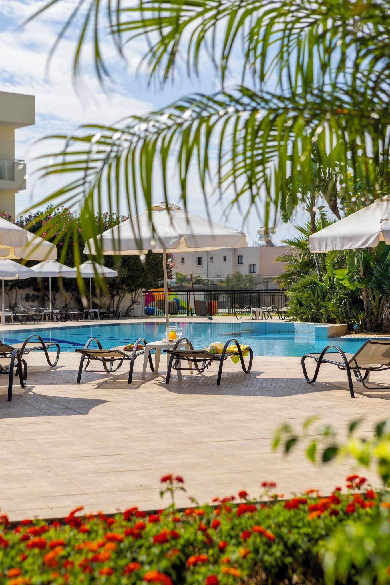 A pool area with lounge chairs and umbrellas, surrounded by palm trees and flowers.