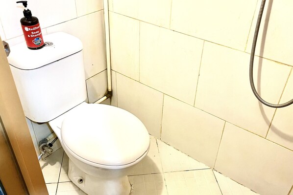 A bathroom with a toilet, a bottle of Red Door Soap & Shampoo, and a shower hose.