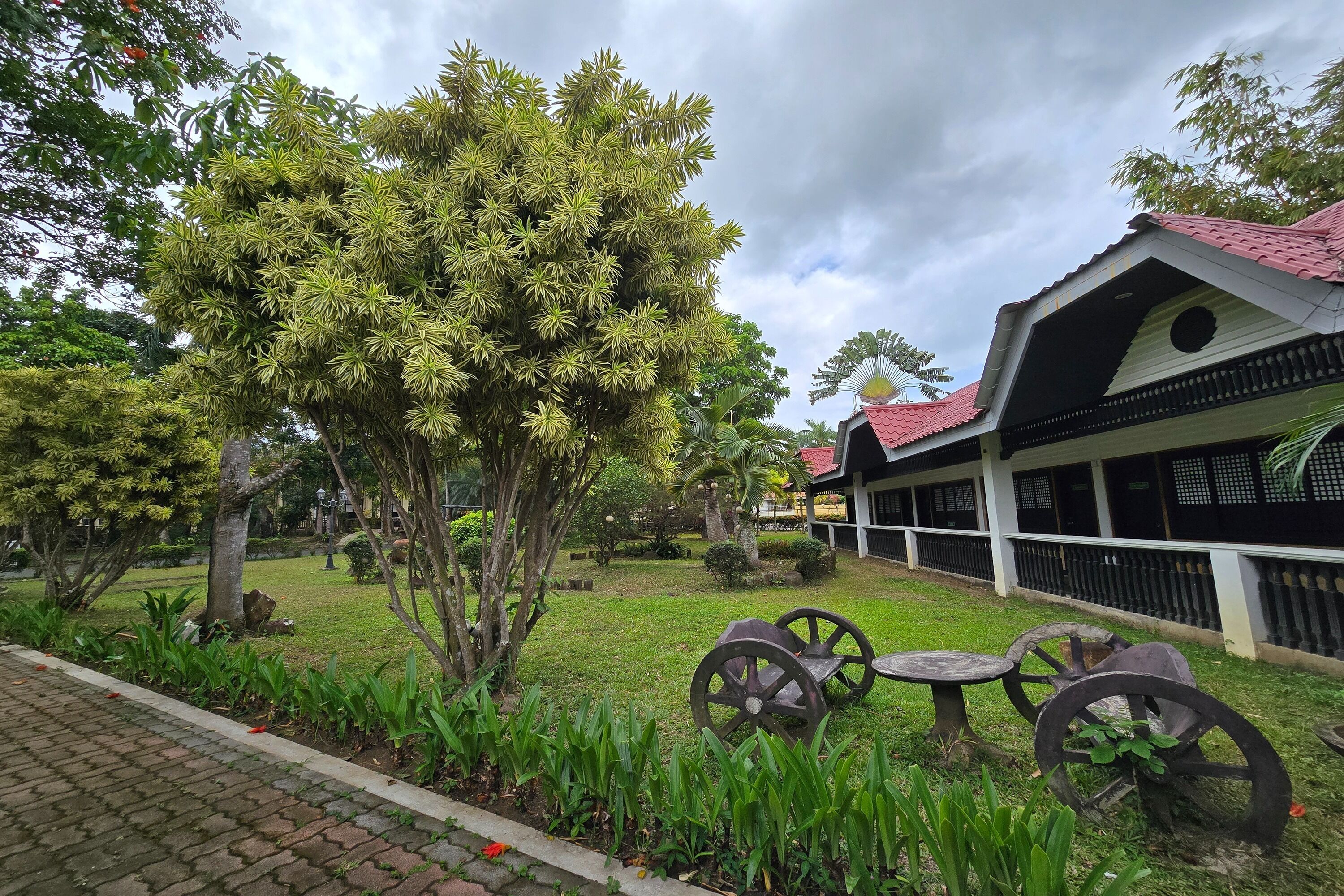 A courtyard with a traditional building, a tree, and a table with large wheels.
