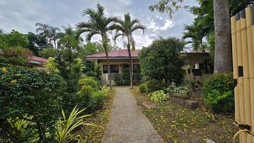 A pathway leading to a building with a red roof, surrounded by lush greenery and palm trees.