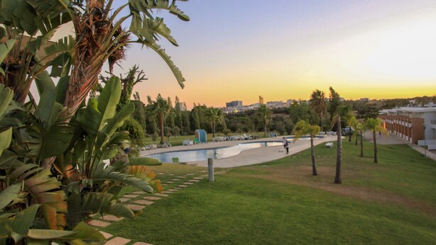 Eine angelegte Grünfläche mit Pool, Palmen und Blick auf eine Skyline im Abendlicht.