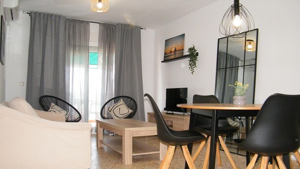 Un salon avec un canapé, des fauteuils, une table à manger, un téléviseur et une plante.