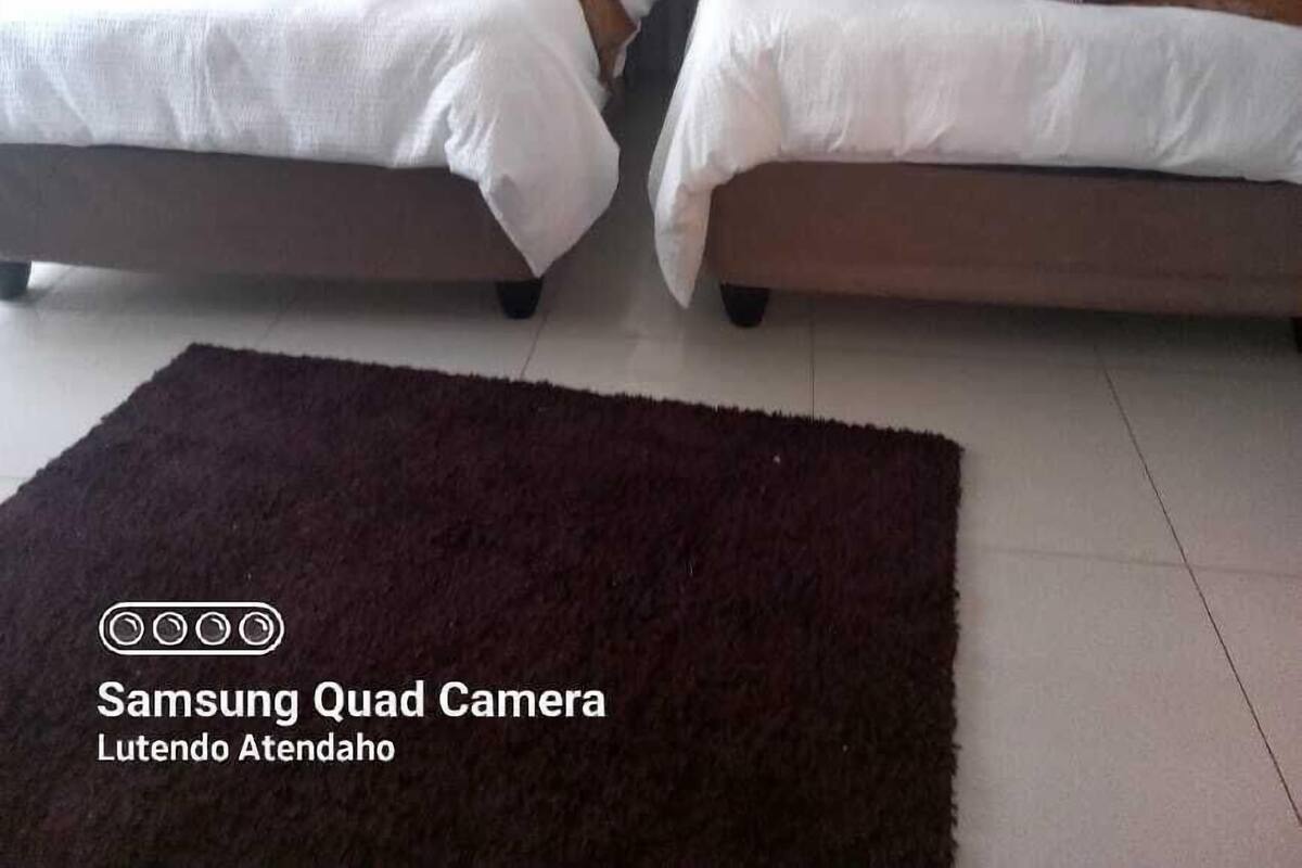 A double room with two beds, a wooden headboard, and a dark brown rug.