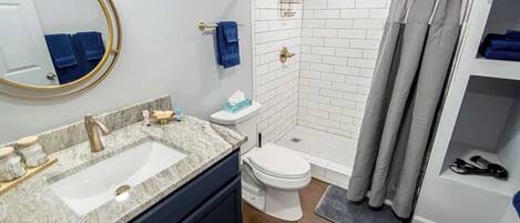 A bathroom with a sink, toilet, shower, and a mirror.
