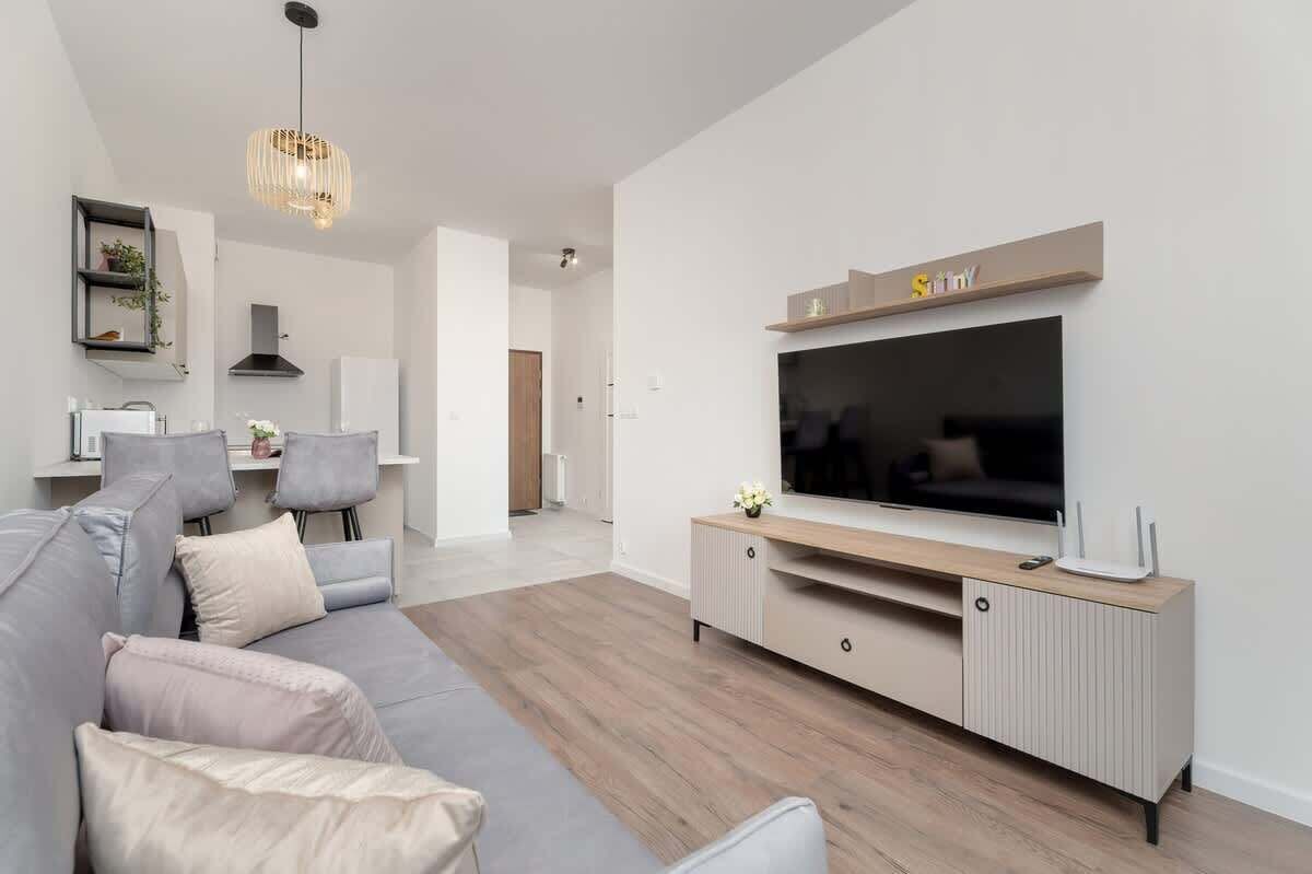 Un salon moderne avec un canapé gris, un plancher en bois, un téléviseur posé sur un meuble et un luminaire suspendu.