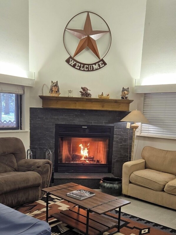 TV, fireplace, DVD player, books