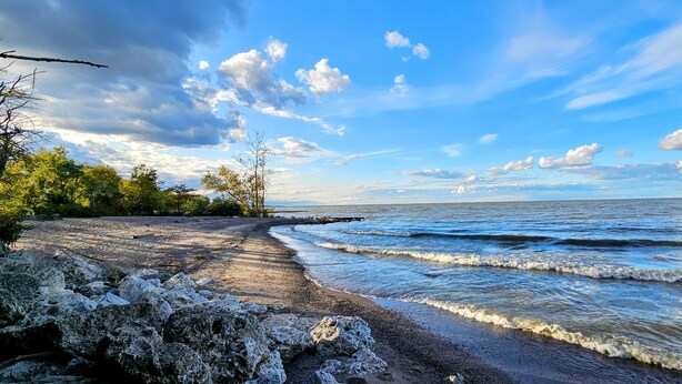 Une plage au rivage rocheux, avec un ciel dégagé et des vagues calmes.