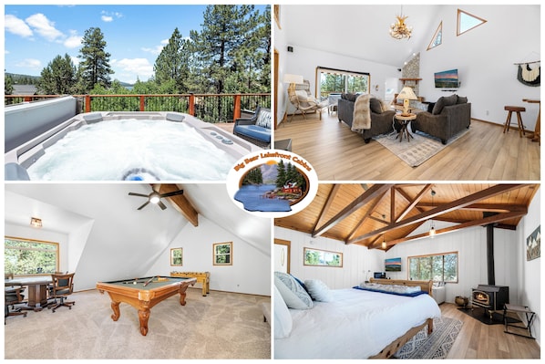 Relax and unwind in a serene retreat with a hot tub, pool table, and cozy living areas.