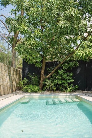 Piscina retangular com água cristalina, cercada por um muro de pedra e uma vedação preta.