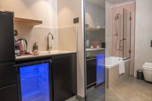 Hair dryer, towels, soap, shampoo