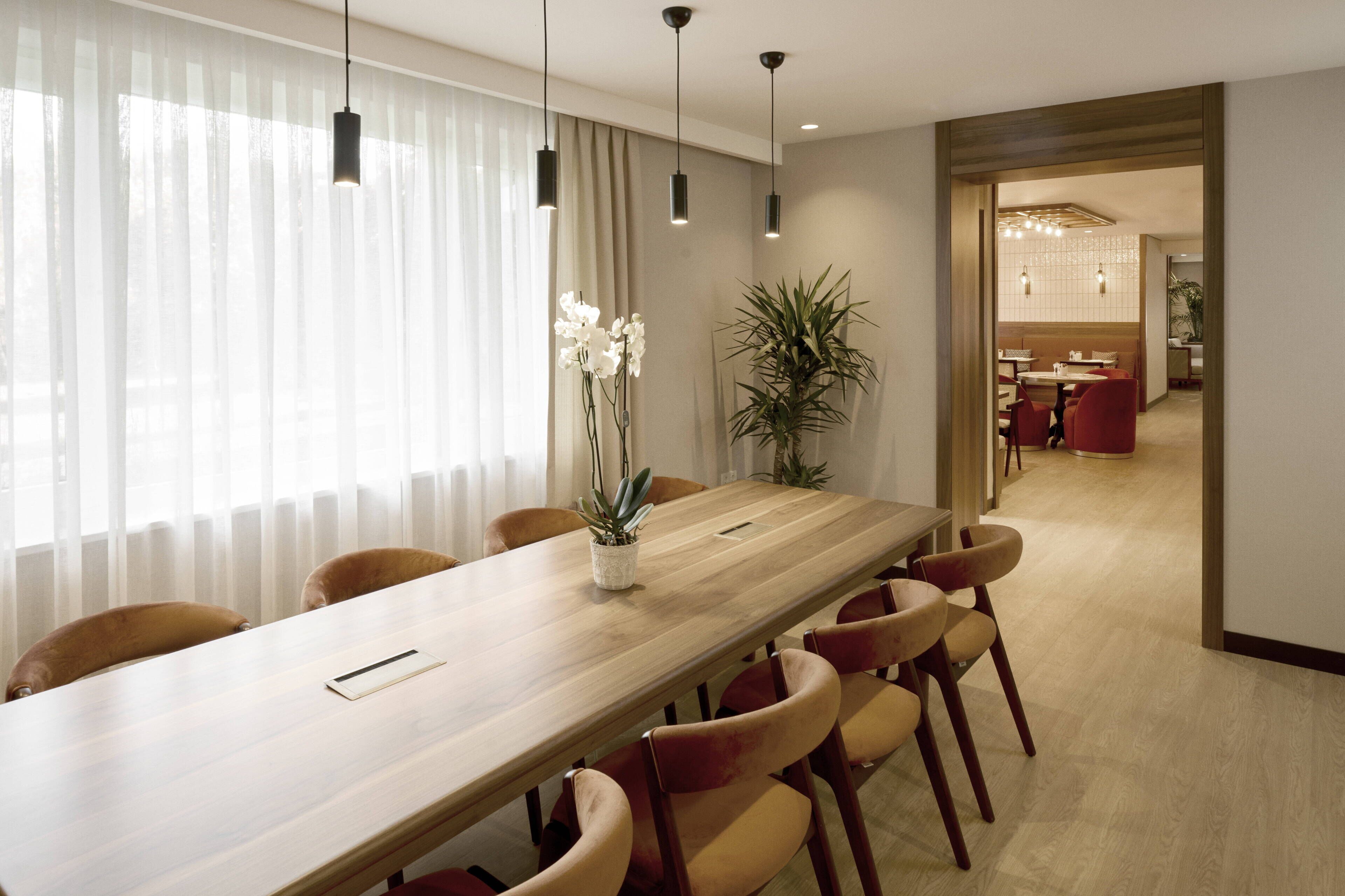 A modern dining area with a long wooden table, several chairs, and a potted plant.