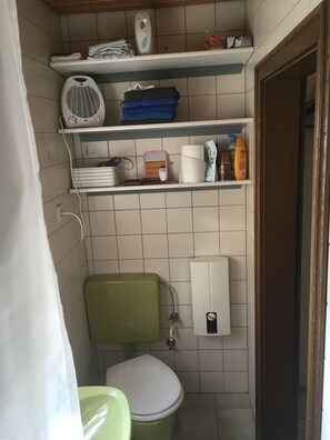 Douche, séchoir à cheveux, serviettes fournies, savon