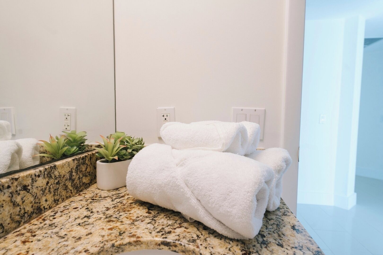 A bathroom with a granite countertop, a potted plant, and neatly folded white towels.
