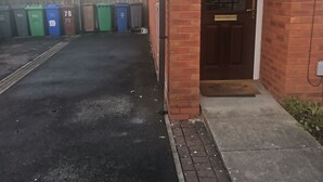 A residential area with a brick house, a garage door, and a row of trash bins.