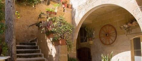 A stone staircase leading to an upper level, surrounded by potted plants and a rustic wooden structure.