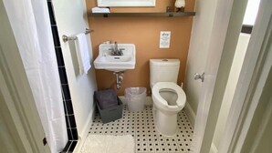 A small bathroom with a toilet, sink, and mirror. - Bonsai - A Modern Motor Court (Rockledge)