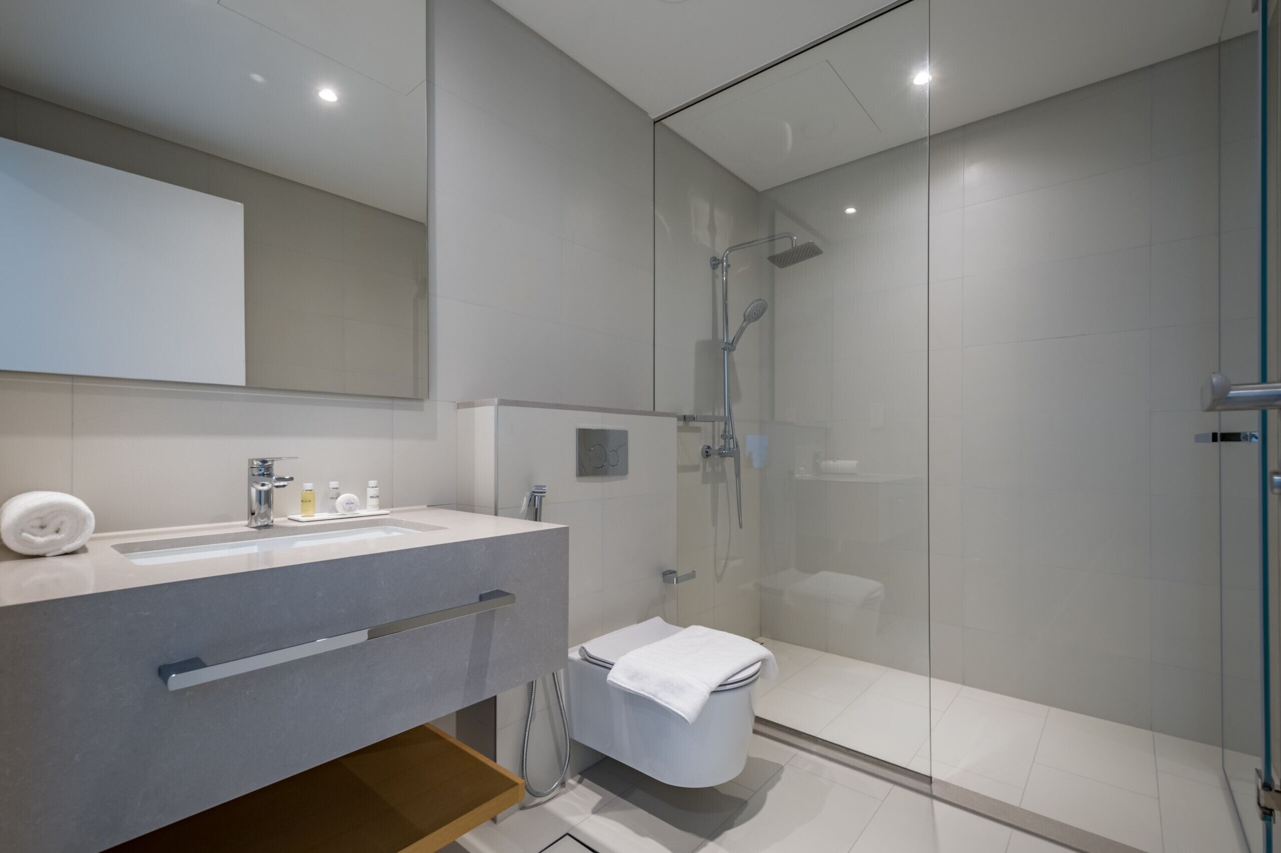 A modern bathroom with a glass-enclosed shower, a white sink, and a toilet.