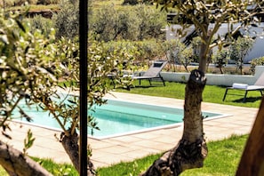 A swimming pool with lounge chairs, surrounded by greenery and a building in the background.