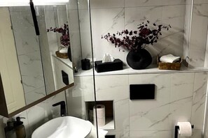 Shower, hair dryer, towels, soap