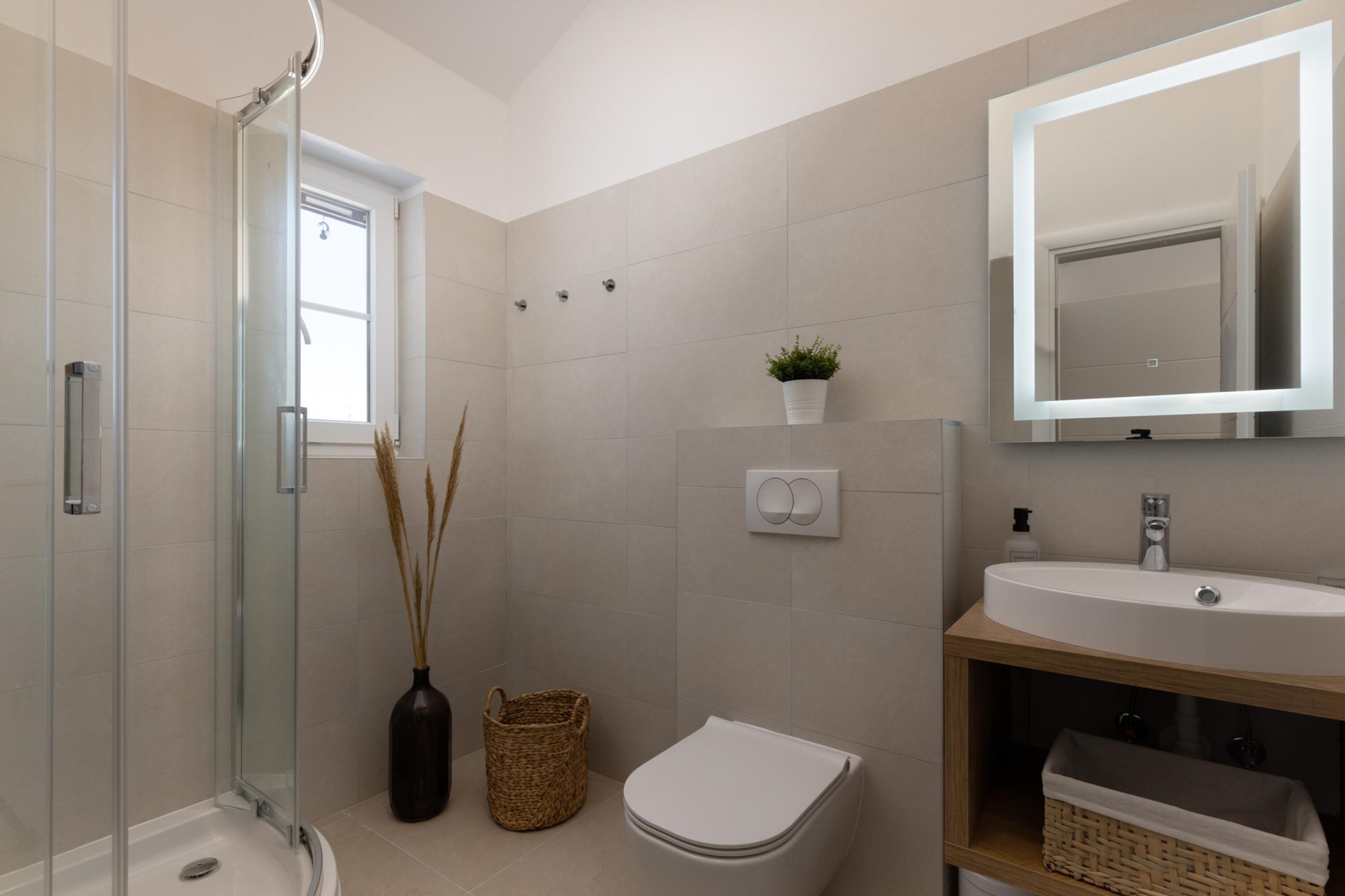 Een moderne badkamer met een douchecabine van glas, een toilet, een wastafel met spiegel en een kleine potplant.