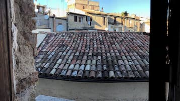 A rooftop with aged, terracotta tiles, a clear sky, and surrounding buildings.