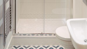 Une cabine de douche fermée par des parois en verre, dotée d’un pommeau de douche à main, de toilettes blanches et d’un porte-serviettes.