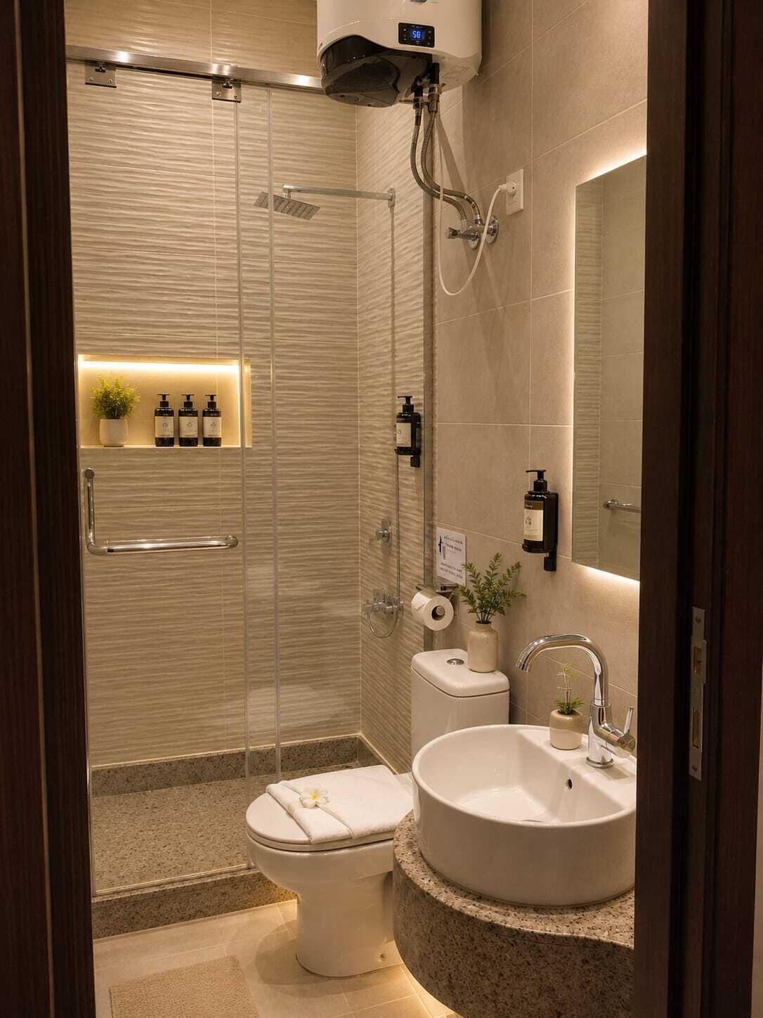 Regadera tipo lluvia, secadora de cabello, pantuflas, bidet 