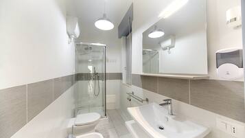 Shower, hair dryer, bidet, towels