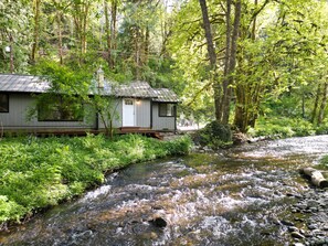 A cabin with a wooden deck, surrounded by dense forest and a flowing stream. - Bigfoot Bungalow — Creekside Paradise (Hoodsport)