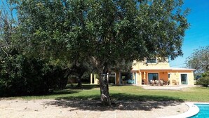 Una casa amb piscina, envoltada d'arbres i un jardí.